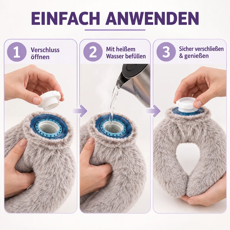 Nacken-Wärmflasche mit weichem Kunstfellbezug, 0,85 L, 22 x 18 cm, Kaffeebraun