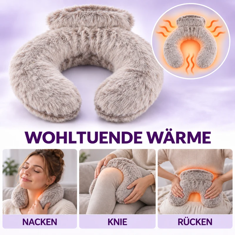 Nacken-Wärmflasche mit weichem Kunstfellbezug, 0,85 L, 22 x 18 cm, Kaffeebraun