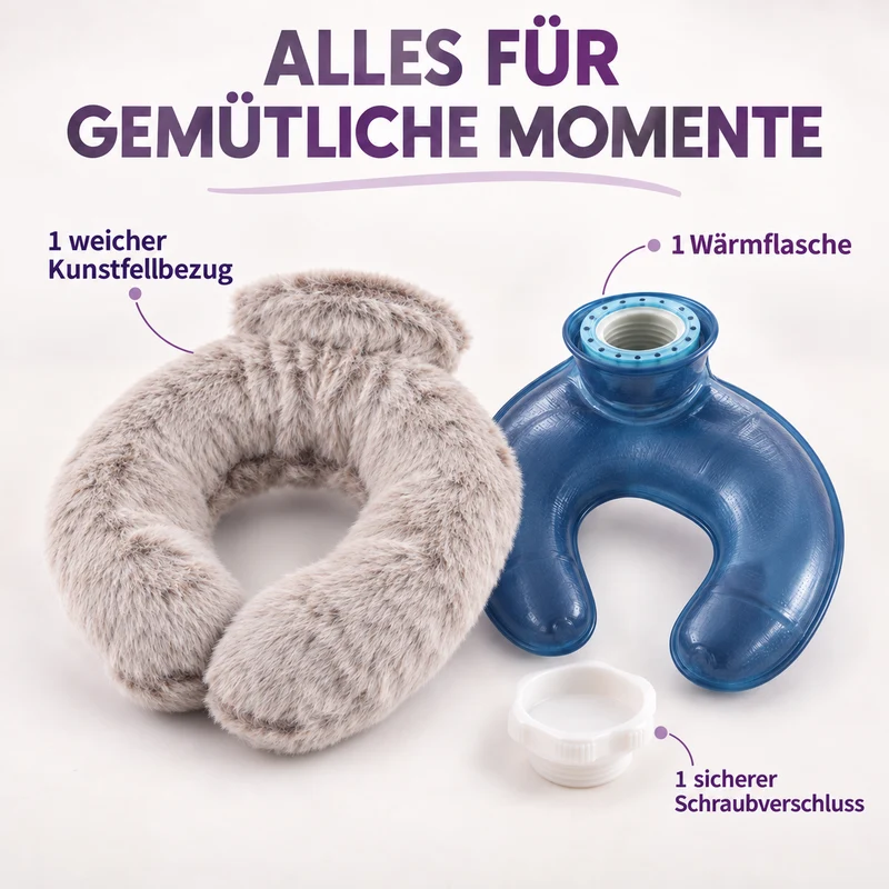 Nacken-Wärmflasche mit weichem Kunstfellbezug, 0,85 L, 22 x 18 cm, Kaffeebraun
