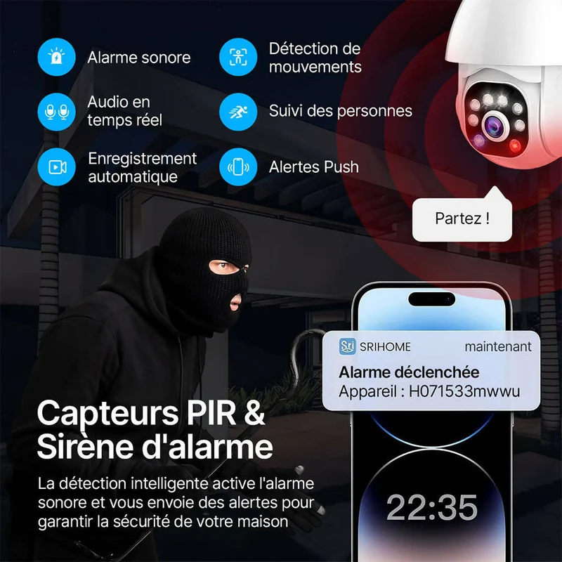 Caméra de surveillance extérieure 2K / Alimentée par câble / Caméra Wi-Fi étanche avec audio bidirectionnel / Surveillance extérieure avec vision nocturne et capteur de mouvement