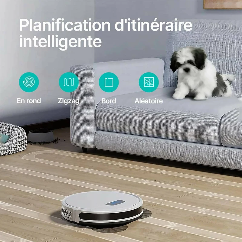 Robot Aspirateur Silencieux / Puissance d'aspiration 4000Pa / Itinéraires intelligents / Autonomie 150 min / Détection des tapis / Compatible Alexa, Google, Applis