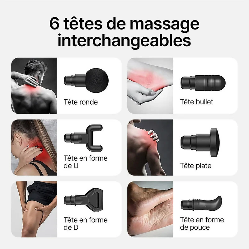 Pistolet de massage à 30 vitesses et 6 Têtes de Massage / Jusqu'à 3200 tr/min / Masseur électrique pour le massage des tissus profonds et des muscles / Cou, épaules, dos