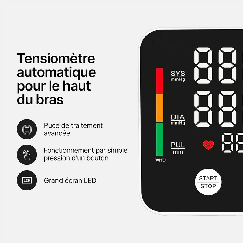 Tensiomètre ultra-précis pour le bras / Mesure précise de la tension artérielle et du pouls / Détection d'arythmie / Avec fonction de mémoire intelligente / Pour usage domestique