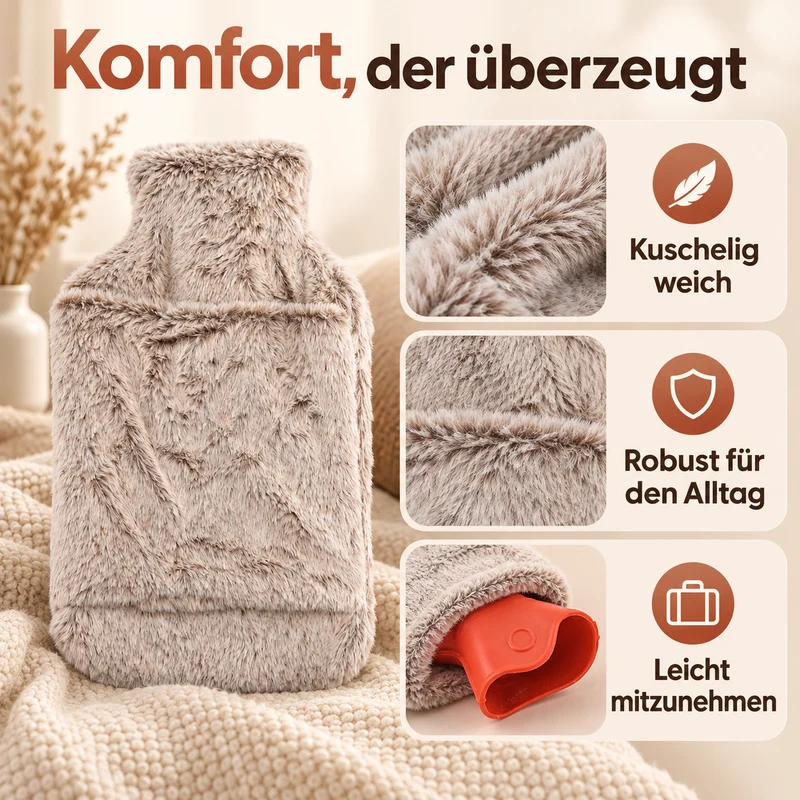Wärmflasche mit weichem Kunstfellbezug, 2 L, 21 x 36 cm, Dunkelgrau
