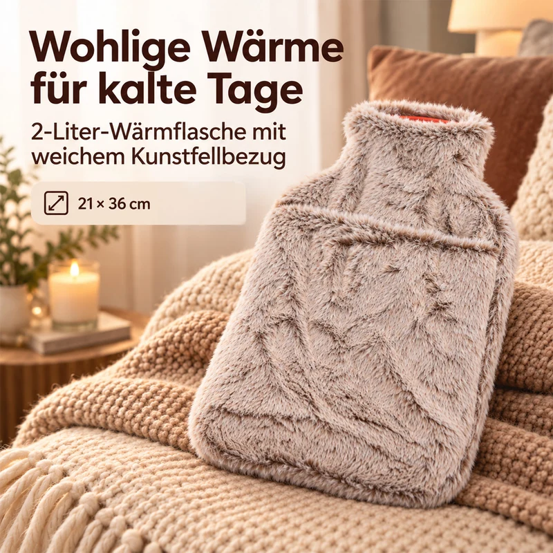 Wärmflasche mit weichem Kunstfellbezug, 2 L, 21 x 36 cm, Dunkelgrau