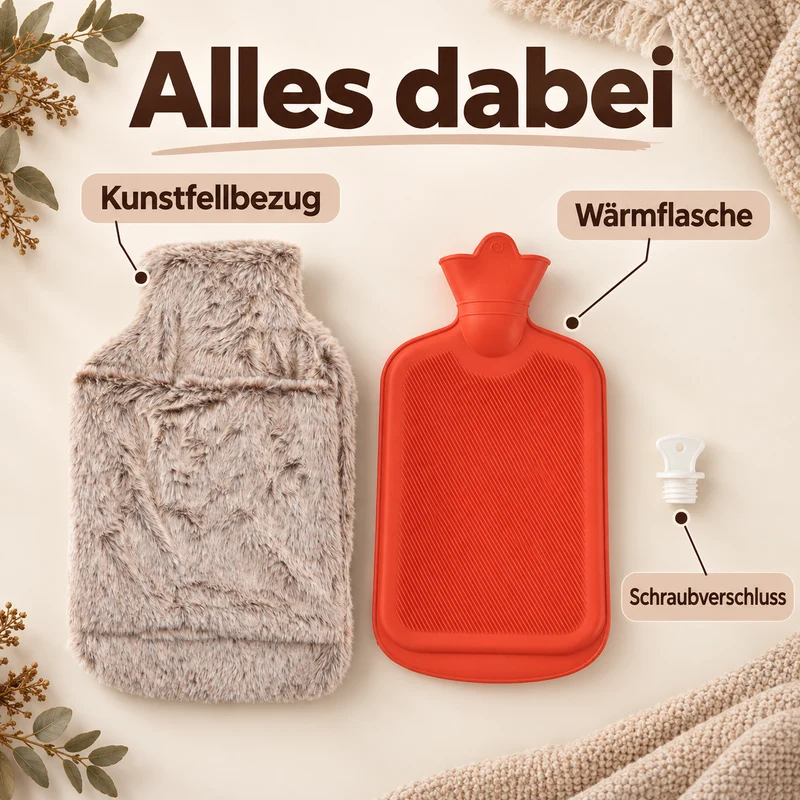 Wärmflasche mit weichem Kunstfellbezug, 2 L, 21 x 36 cm, Dunkelgrau