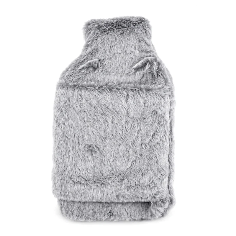 Wärmflasche mit weichem Kunstfellbezug, 2 L, 21 x 36 cm, Dunkelgrau