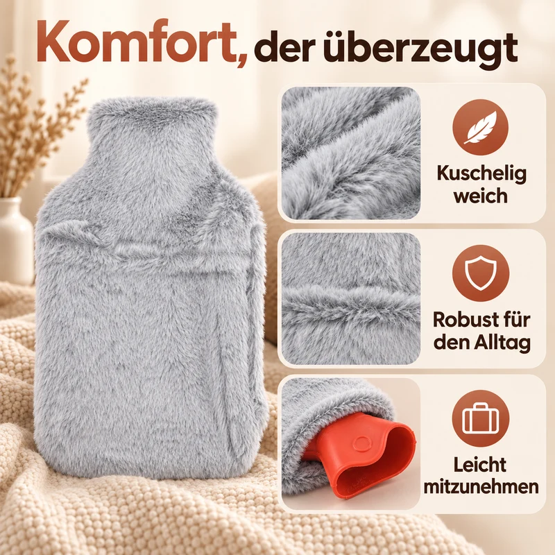 Wärmflasche mit weichem Kunstfellbezug, 2 L, 21 x 36 cm, Dunkelgrau