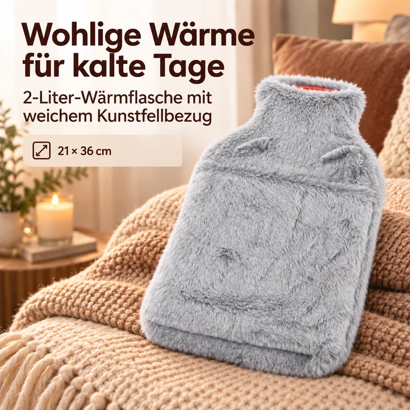 Wärmflasche mit weichem Kunstfellbezug, 2 L, 21 x 36 cm, Dunkelgrau