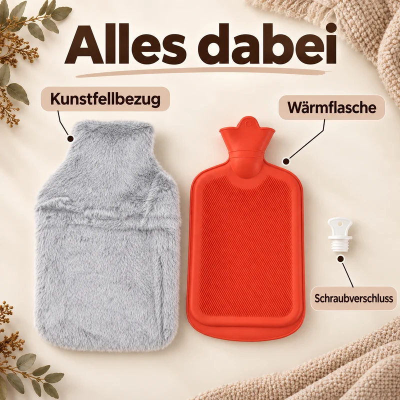 Wärmflasche mit weichem Kunstfellbezug, 2 L, 21 x 36 cm, Dunkelgrau