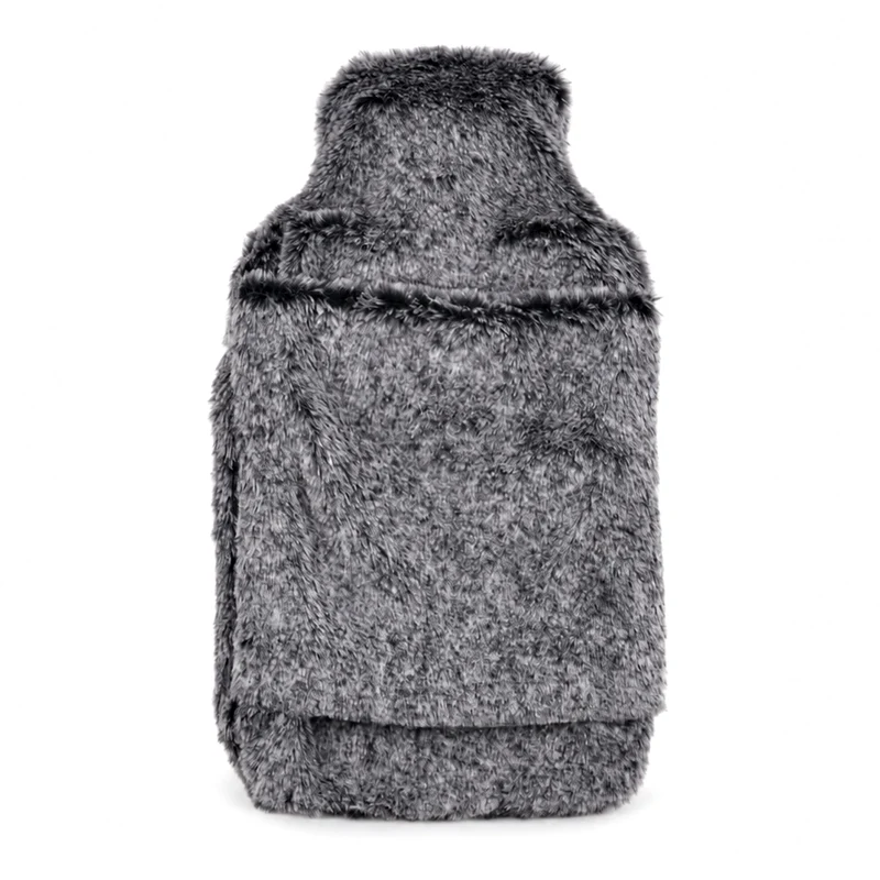 Wärmflasche mit weichem Kunstfellbezug, 2 L, 21 x 36 cm, Dunkelgrau