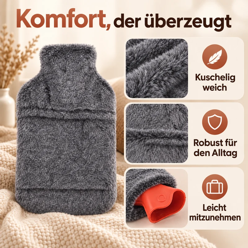 Wärmflasche mit weichem Kunstfellbezug, 2 L, 21 x 36 cm, Dunkelgrau