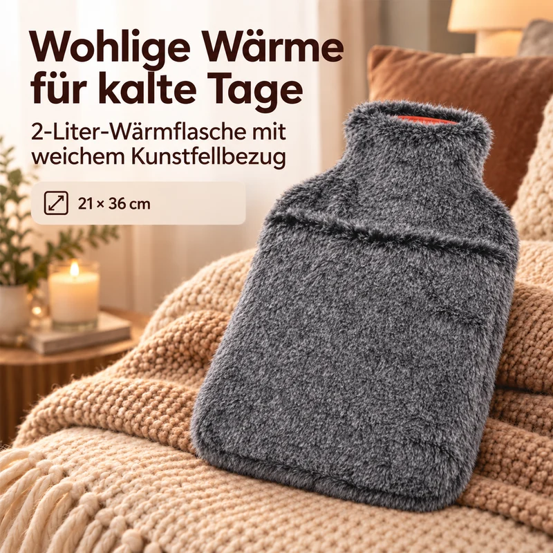 Wärmflasche mit weichem Kunstfellbezug, 2 L, 21 x 36 cm, Dunkelgrau