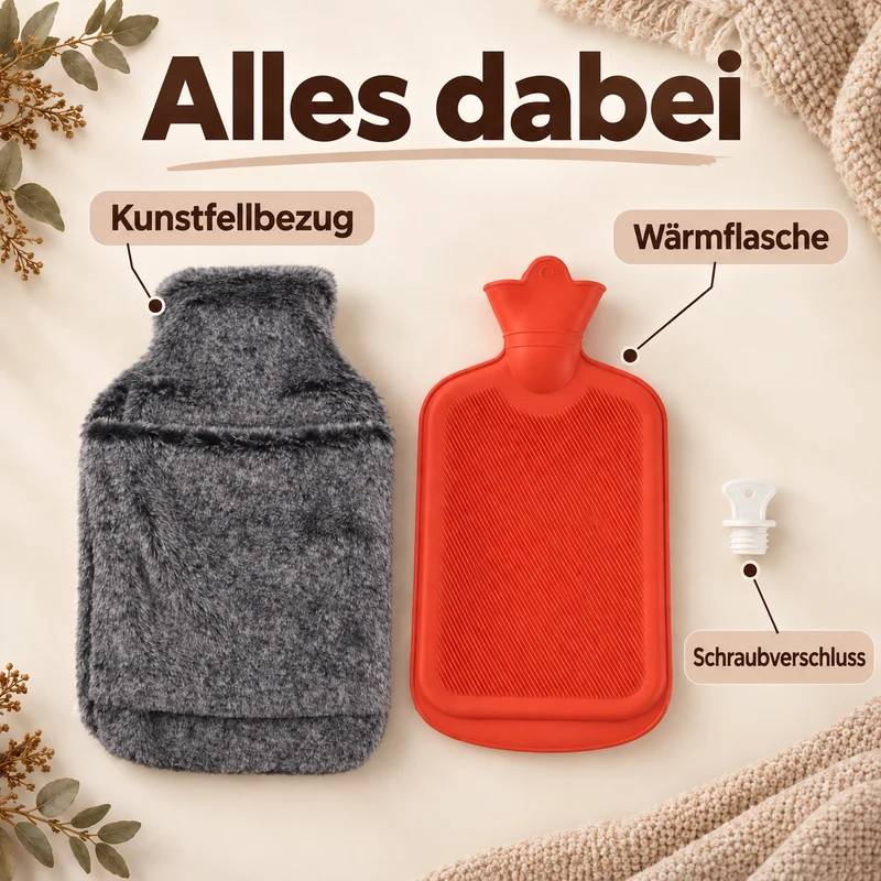 Wärmflasche mit weichem Kunstfellbezug, 2 L, 21 x 36 cm, Dunkelgrau