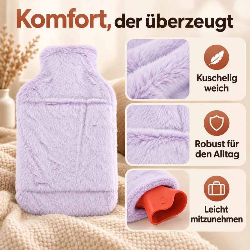 Wärmflasche mit weichem Kunstfellbezug, 2 L, 21 x 36 cm, Dunkelgrau