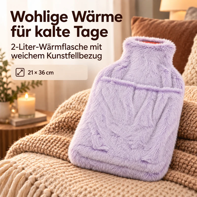 Wärmflasche mit weichem Kunstfellbezug, 2 L, 21 x 36 cm, Dunkelgrau