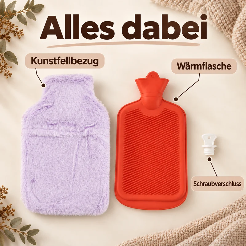 Wärmflasche mit weichem Kunstfellbezug, 2 L, 21 x 36 cm, Dunkelgrau
