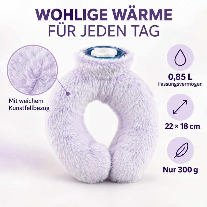 Nacken-Wärmflasche mit weichem Kunstfellbezug, 0,85 L, 22 x 18 cm, Dunkelgrau