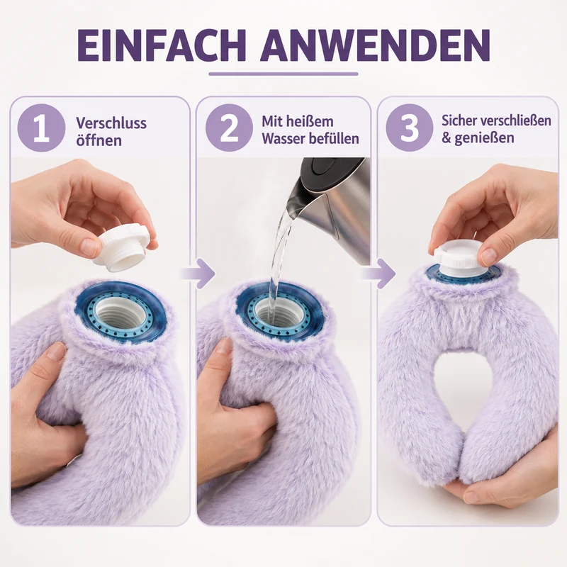 Nacken-Wärmflasche mit weichem Kunstfellbezug, 0,85 L, 22 x 18 cm, Dunkelgrau