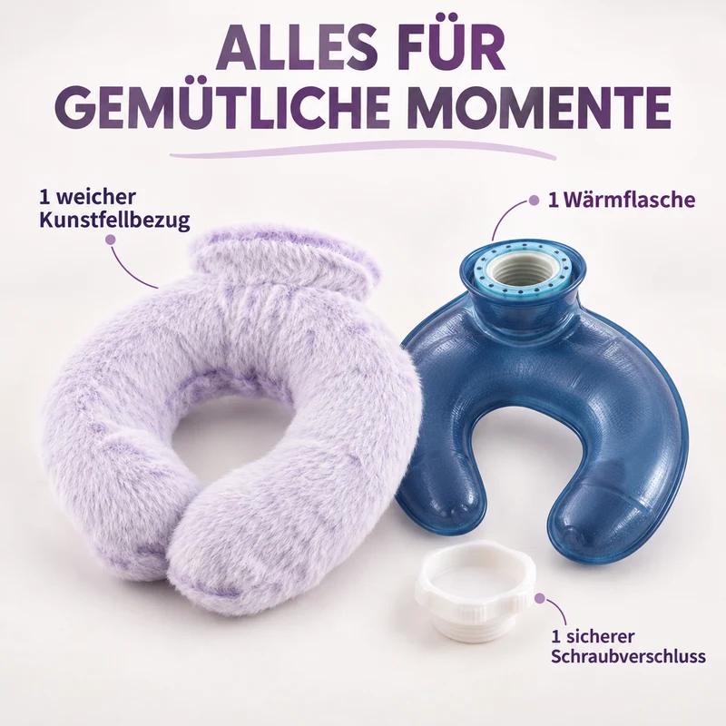 Nacken-Wärmflasche mit weichem Kunstfellbezug, 0,85 L, 22 x 18 cm, Dunkelgrau
