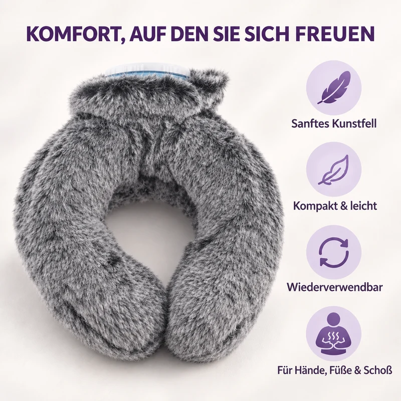 Nacken-Wärmflasche mit weichem Kunstfellbezug, 0,85 L, 22 x 18 cm, Dunkelgrau