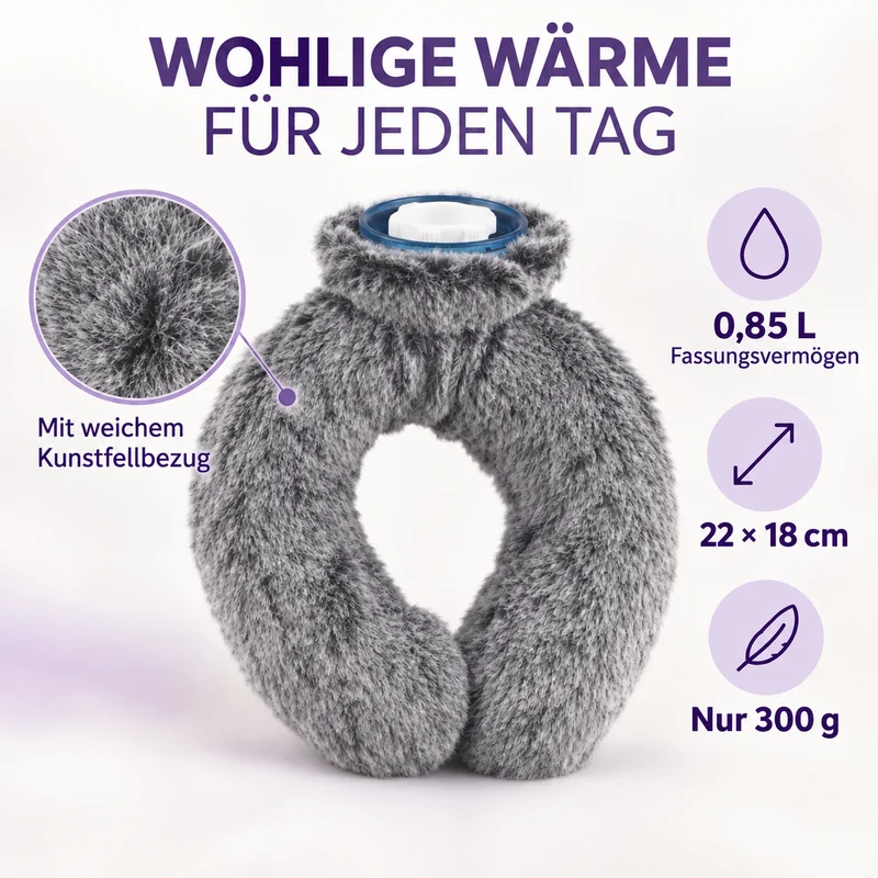 Nacken-Wärmflasche mit weichem Kunstfellbezug, 0,85 L, 22 x 18 cm, Dunkelgrau