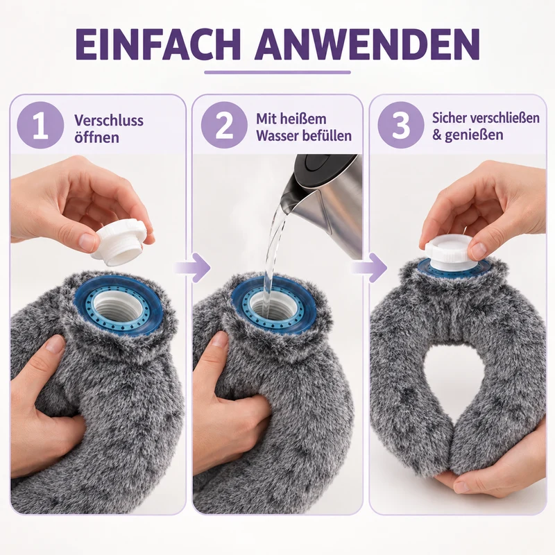 Nacken-Wärmflasche mit weichem Kunstfellbezug, 0,85 L, 22 x 18 cm, Dunkelgrau