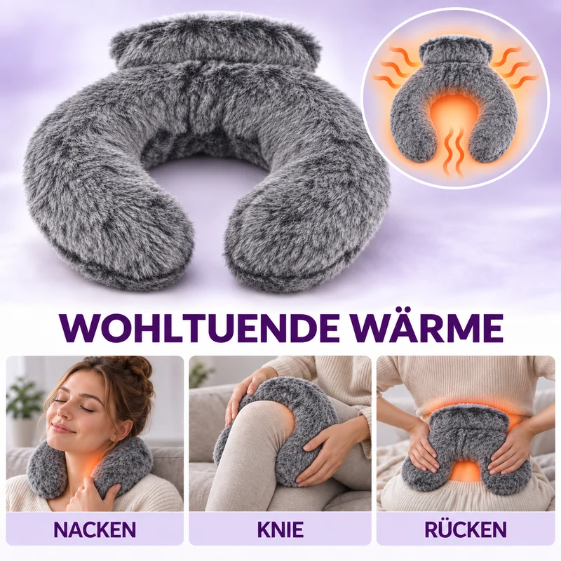 Nacken-Wärmflasche mit weichem Kunstfellbezug, 0,85 L, 22 x 18 cm, Dunkelgrau