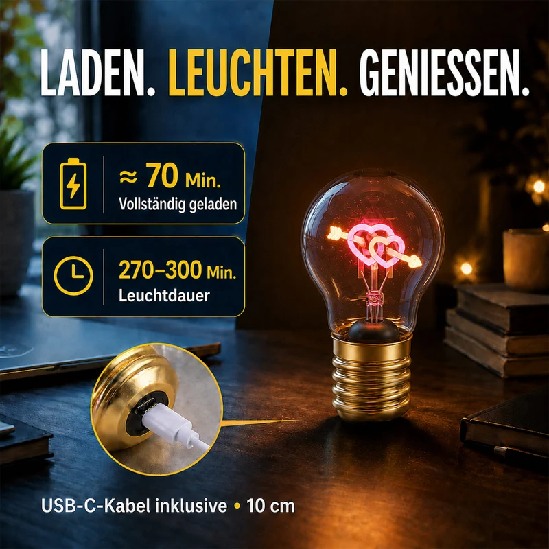 LIVMORE LED-Dekoleuchte in Glühbirnenform mit Kussmundmotiv, USB-C-aufladbar, 6,5x12cm, Rot