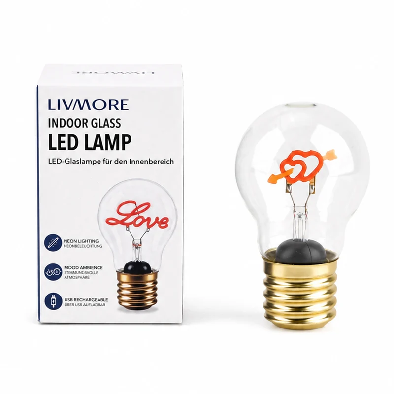 LIVMORE LED-Dekoleuchte in Glühbirnenform mit Kussmundmotiv, USB-C-aufladbar, 6,5x12cm, Rot