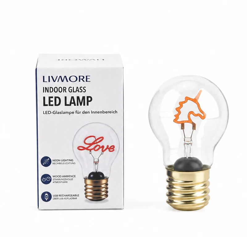 LIVMORE LED-Dekoleuchte in Glühbirnenform mit Kussmundmotiv, USB-C-aufladbar, 6,5x12cm, Rot