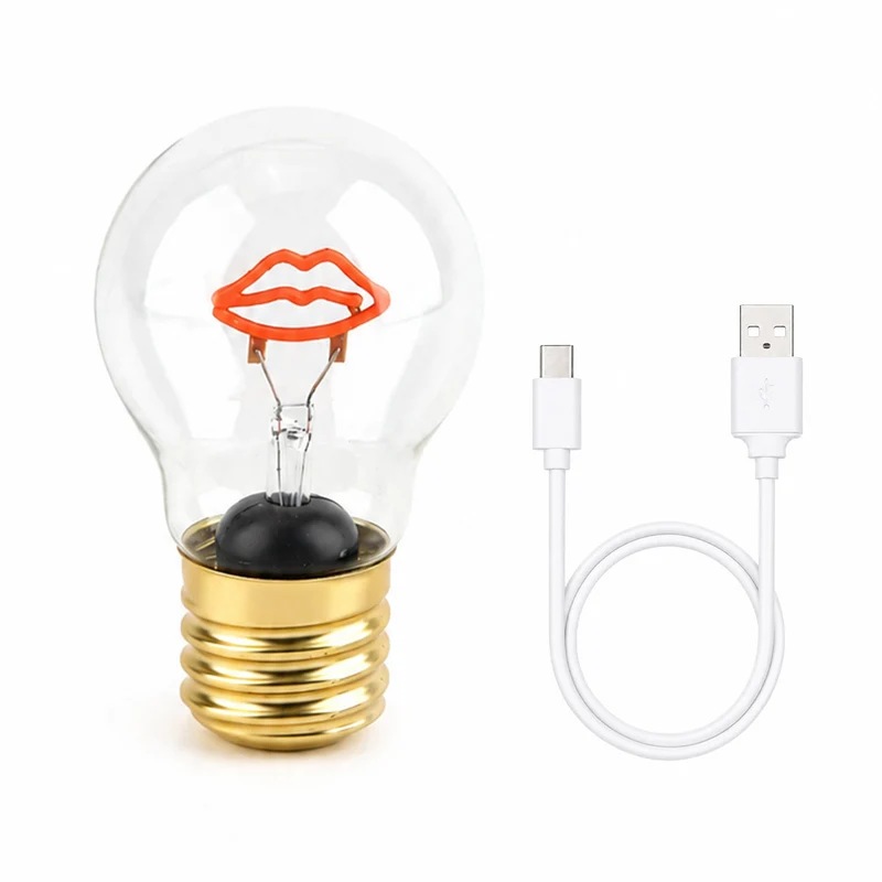 LIVMORE LED-Dekoleuchte in Glühbirnenform mit Kussmundmotiv, USB-C-aufladbar, 6,5x12cm, Rot