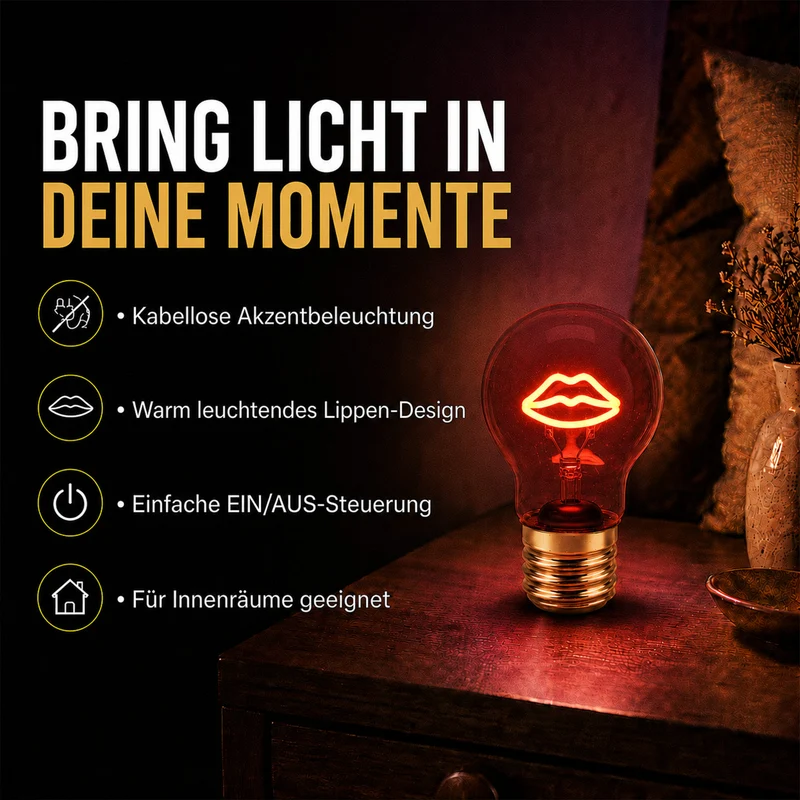 LIVMORE LED-Dekoleuchte in Glühbirnenform mit Kussmundmotiv, USB-C-aufladbar, 6,5x12cm, Rot
