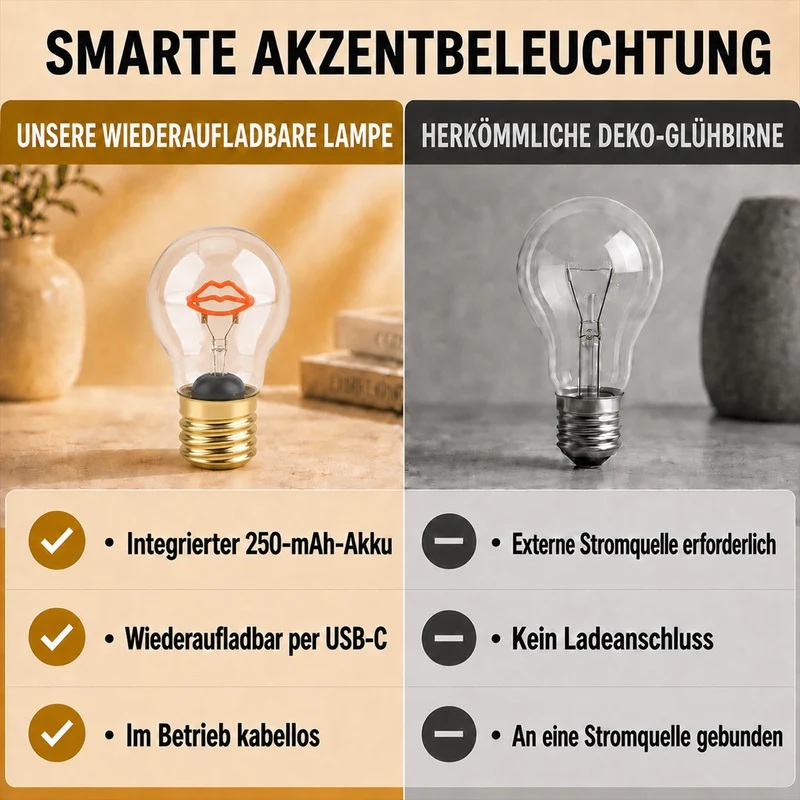 LIVMORE LED-Dekoleuchte in Glühbirnenform mit Kussmundmotiv, USB-C-aufladbar, 6,5x12cm, Rot