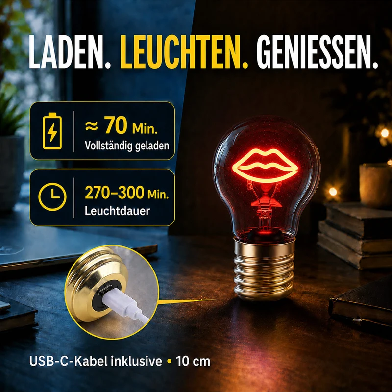 LIVMORE LED-Dekoleuchte in Glühbirnenform mit Kussmundmotiv, USB-C-aufladbar, 6,5x12cm, Rot