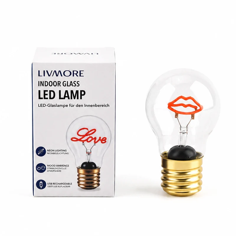 LIVMORE LED-Dekoleuchte in Glühbirnenform mit Kussmundmotiv, USB-C-aufladbar, 6,5x12cm, Rot