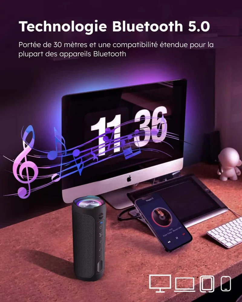 Haut-parleur Bluetooth 5.0 portable / Son stéréo puissant 360° / Basses profondes / Étanche IPX7 / Fonction mains libres / Lumière LED / Autonomie de 24H