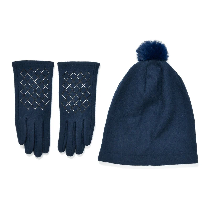 LA MAREY - 2er-Set Elegante Kaschmir Mützen und Handschuhen mit Mikroplüsch Futter, Marineblau