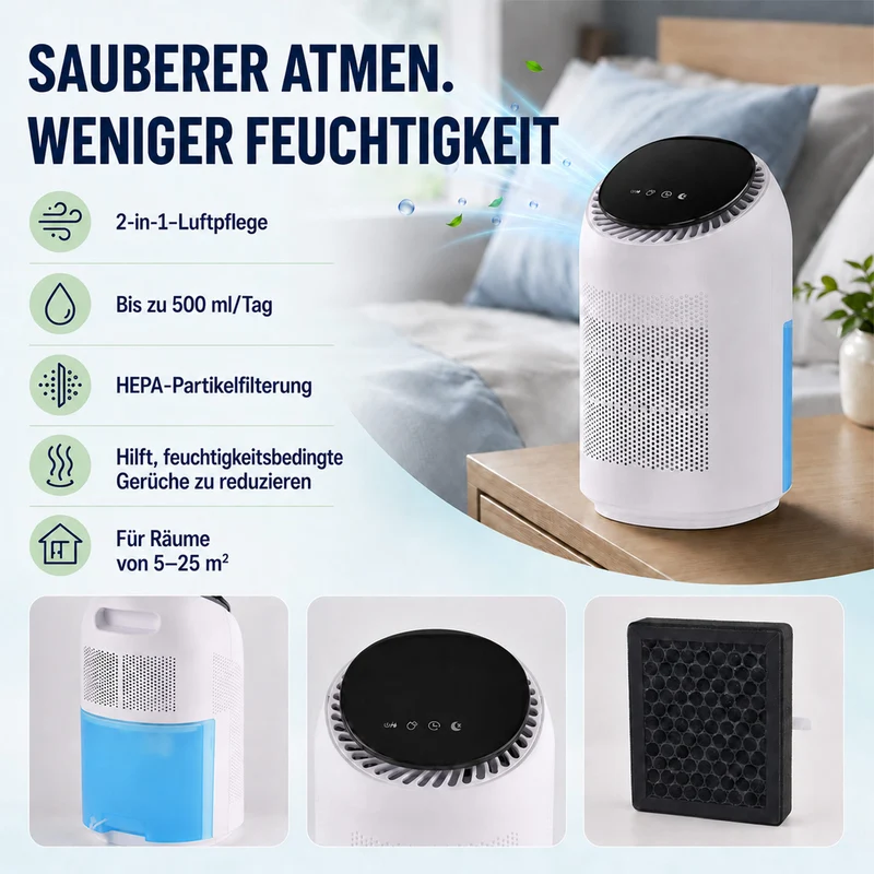 LIVMORE 2-in-1-Luftreiniger und Luftentfeuchter mit HEPA-Filter und Ersatzfilter, 0,7-L-Tank, für Räume bis 25 m2, Weiß