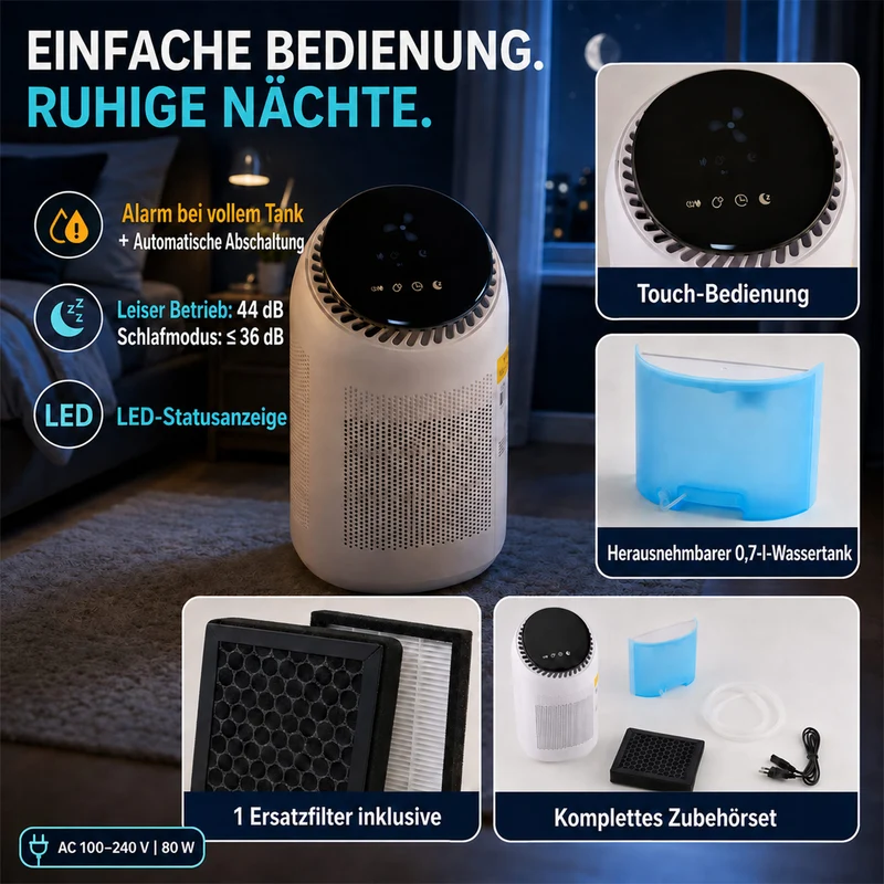 LIVMORE 2-in-1-Luftreiniger und Luftentfeuchter mit HEPA-Filter und Ersatzfilter, 0,7-L-Tank, für Räume bis 25 m2, Weiß