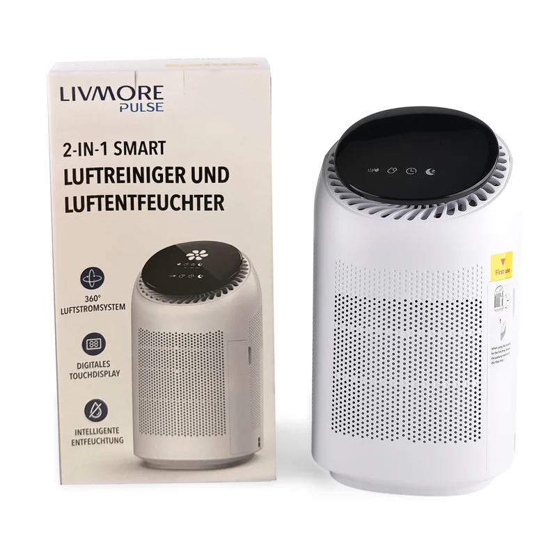 LIVMORE 2-in-1-Luftreiniger und Luftentfeuchter mit HEPA-Filter und Ersatzfilter, 0,7-L-Tank, für Räume bis 25 m2, Weiß