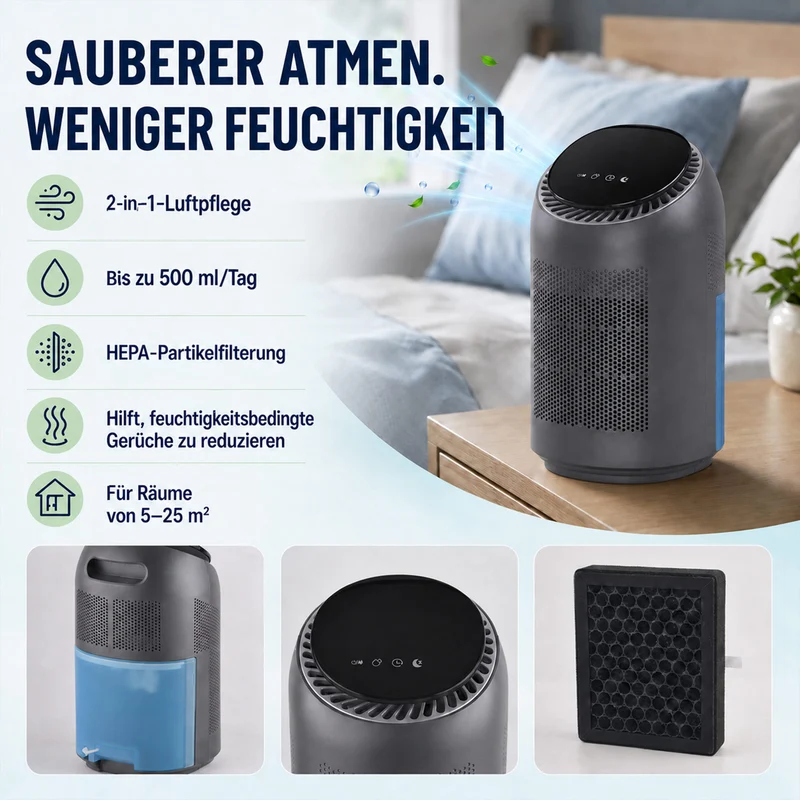 LIVMORE 2-in-1-Luftreiniger und Luftentfeuchter mit HEPA-Filter und Ersatzfilter, 0,7-L-Tank, für Räume bis 25 m2, Weiß
