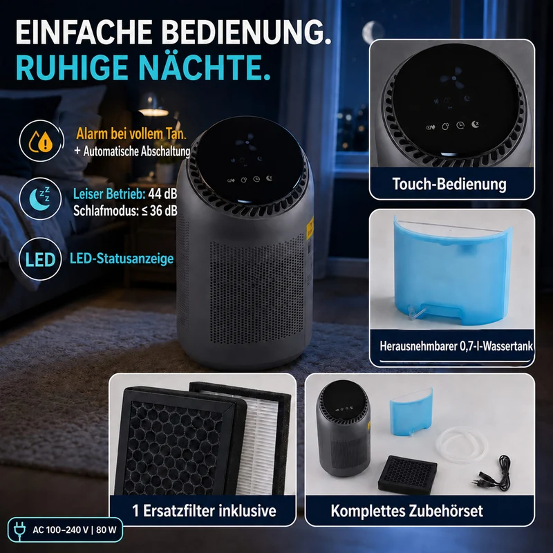 LIVMORE 2-in-1-Luftreiniger und Luftentfeuchter mit HEPA-Filter und Ersatzfilter, 0,7-L-Tank, für Räume bis 25 m2, Weiß