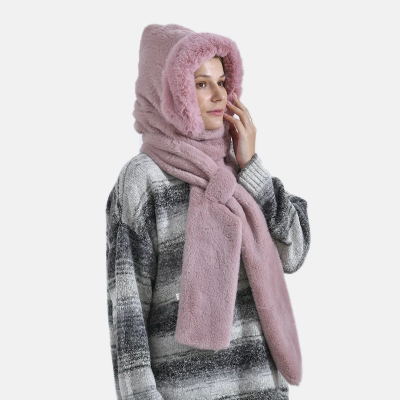 Superweicher 2-in-1-Langschal und Mütze aus hochwertigem Kunstfell, rosa