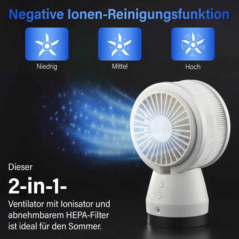 2 in 1: Ventilator mit Ionizer und abnehmbarer HEPA Filter, 3 Geschwindigkeiten, Weiß