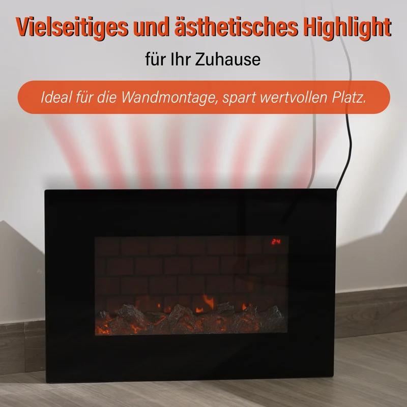 Elektrischer Wandkamin-Heizlüfter, Schwarz - Fernbedienung, 3D-Flammeneffekt, 5 LED-Farben, einstellbare Temperatur, Timer Überhitzungsschutz, langlebiges Metallgehäuse, 66 x 10 x 44 cm