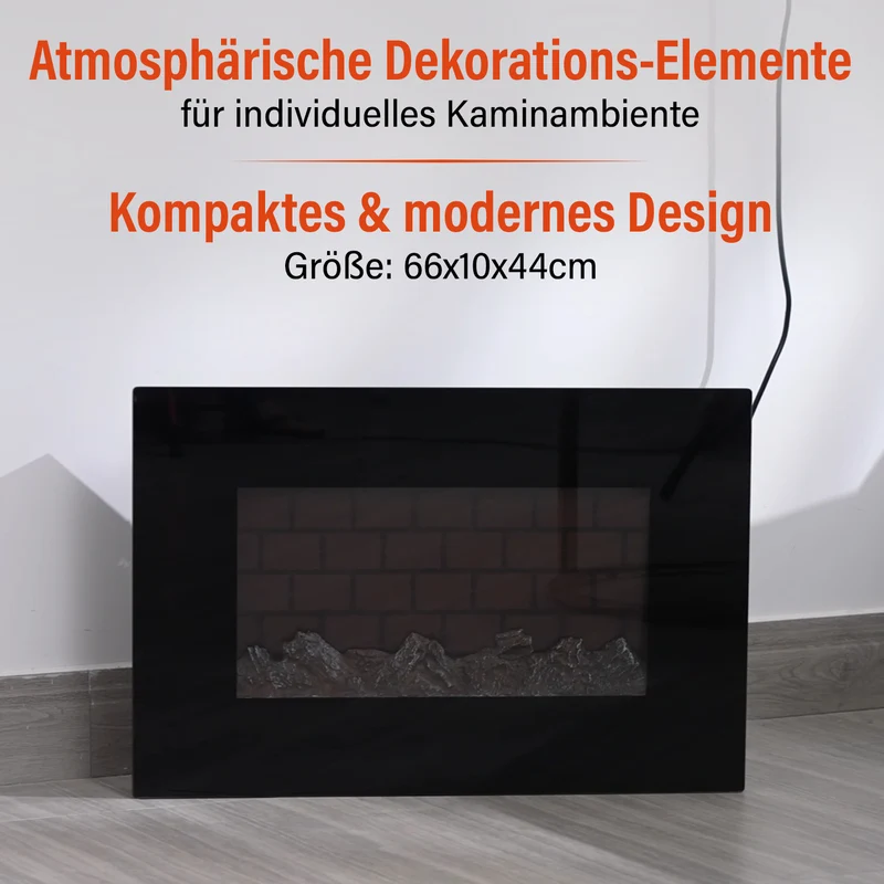 Elektrischer Wandkamin-Heizlüfter, Schwarz - Fernbedienung, 3D-Flammeneffekt, 5 LED-Farben, einstellbare Temperatur, Timer Überhitzungsschutz, langlebiges Metallgehäuse, 66 x 10 x 44 cm