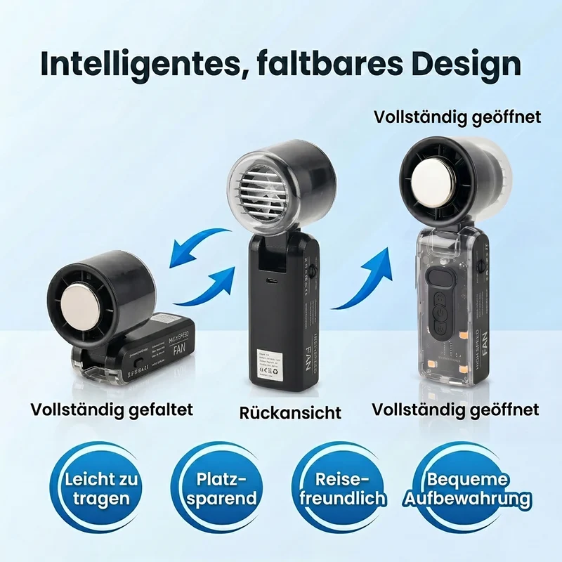 LIVMORE faltbarer Mini-Ventilator, LED-Licht, 1800mAh Akku, Weiß