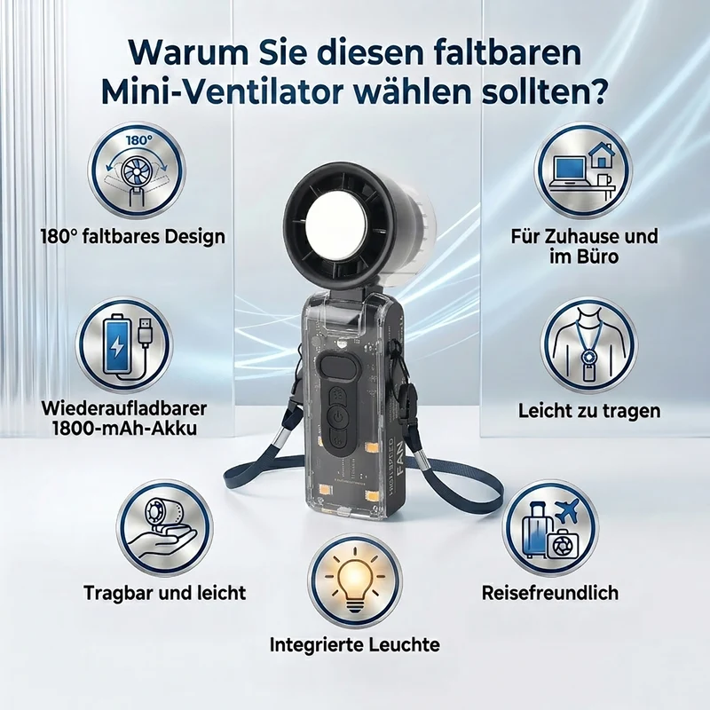 LIVMORE faltbarer Mini-Ventilator, LED-Licht, 1800mAh Akku, Weiß