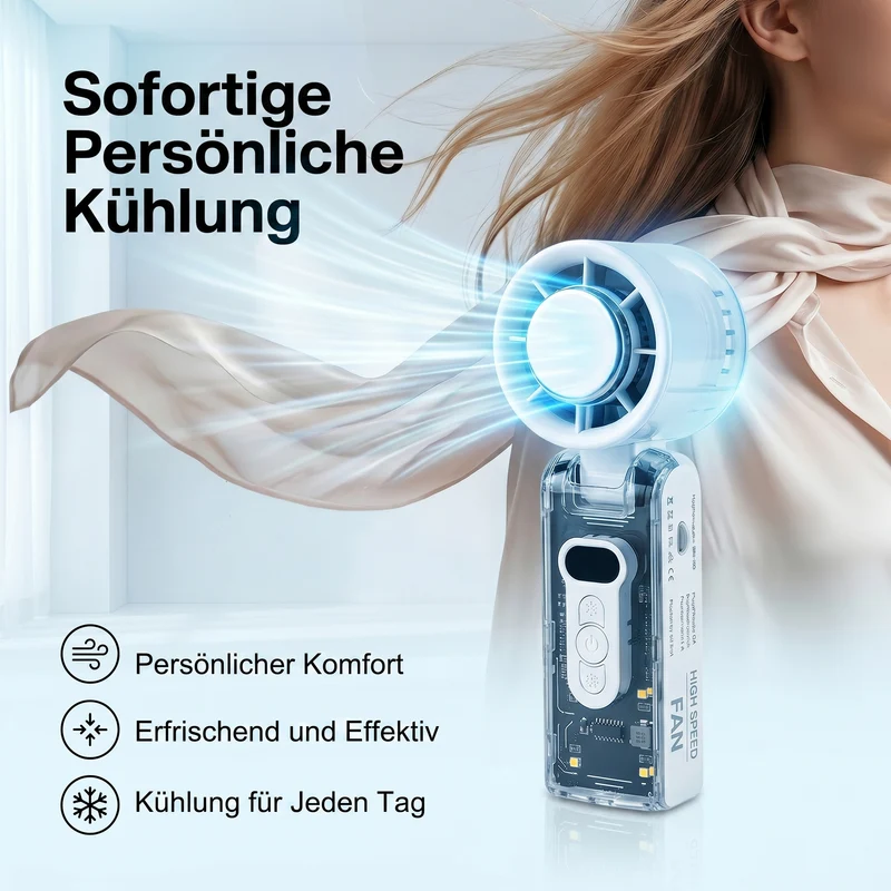 LIVMORE faltbarer Mini-Ventilator, LED-Licht, 1800mAh Akku, Weiß